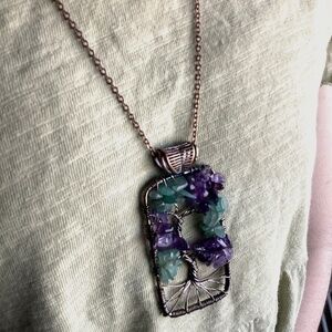 Tree Of Life Natural Amethyst and Aventurine Stone Chip Necklace 19.5” Chain
